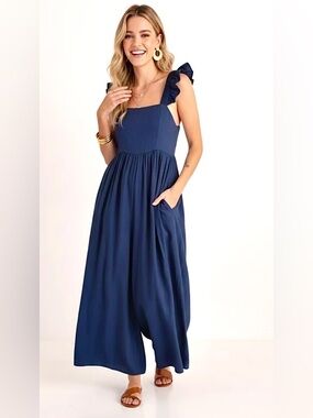 Women's Navy Blue Ruffle Strap Jumpsuit